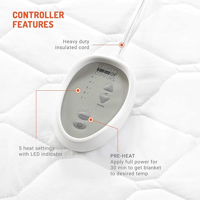 Degrees of Comfort Heated Mattress Pad Full Size | Zone Heating Electric Bed Warmer W/Auto Shut Off | Fit Up to 15 Inch | 12.5ft Long Cord - 54x75 Inch, White