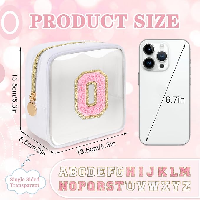 Mini Clear Personalized Initial Makeup Bag,Small Nylon Waterproof Zip Beach Cosmetic Pouch,Preppy A-Z Chenille Letter Patch Cute Coin Purse Travel Toiletry Bag Car Pack Bag for Women(White-Pink O)