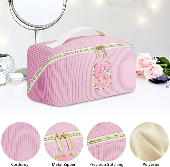 Personalized Initial Makeup Bag,Christmas Gifts for Girl,Preppy Bag Cosmetic Travel Bag Women,Travel Toiletry Organizer,Large Capacity Corduroy Stuff Bag,Cute Cosmetic Pouch Skincare Bag-Q