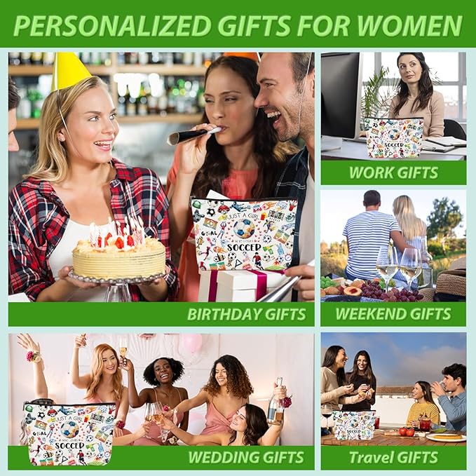 2pcs Soccer Makeup Bags for Women, Canvas Soccer Gifts Cosmetic Bag Pouch Accessories for Players Teams Stuff, Sport Team Birthday Gifts for Soccer Lovers Her Friends Women