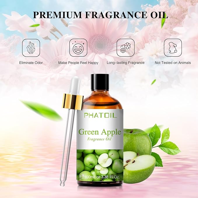 PHATOIL 3.38FL.OZ Green Apple Fragrance Oils for Aromatherapy, Essential Oils for Diffusers for Home, Perfect for Diffuser, Yoga, DIY Candle and Soap Making - 100ml