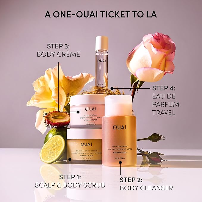 OUAI Body Cleanser Travel Size, Melrose Place - Foaming Body Wash with Jojoba Oil & Rosehip Oil to Hydrate, Balance & Soften Skin - Paraben, Phthalate, Sulfate Free Skin Care Products (3 Fl Oz)