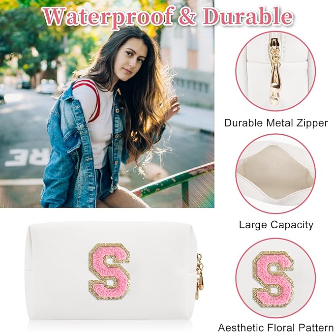 Personalized Initial Letter Patch Makeup Bag, Preppy Portable Chenille Letter Cosmetic Bag with Zipper, PU Leather Waterproof Travel Toiletry Bag Monogram Make Up Pouch for Women Girls(Letter S)