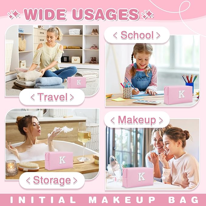 ChaoGreat Bride Gifts – Personalized Initial Makeup Bag with Pearl Rhinestone Patch, Preppy Pink Monogram Cosmetic/Toiletry Pouch, bridesmaid Gifts, Bridal Shower Gifts, Wedding Gifts, Bridal Gifts,K
