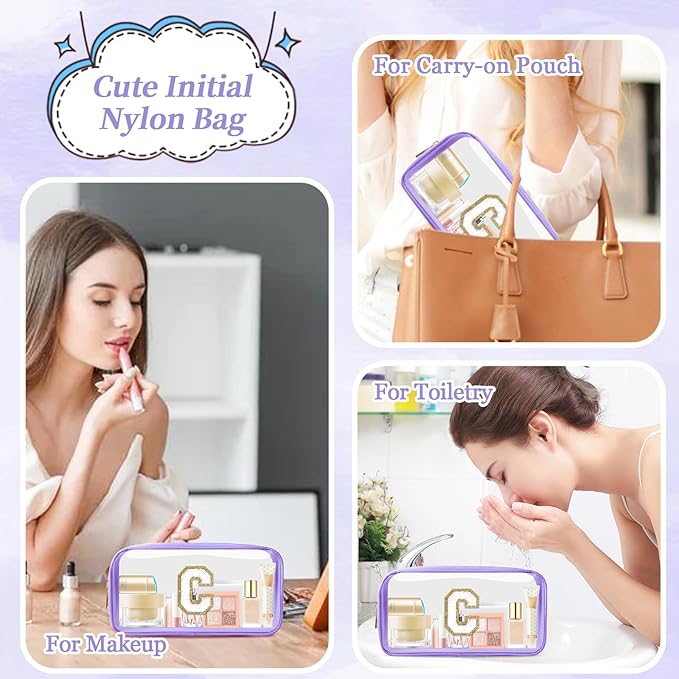 Small Clear Personalized Initial Makeup Bag,Nylon Preppy A-Z Chenille Letter Patch Cosmetic Pouch Beach Toiletry Bag,Waterproof Zip Travel Purse Storage Bag Organizer for Women Girls(Purple-White C)