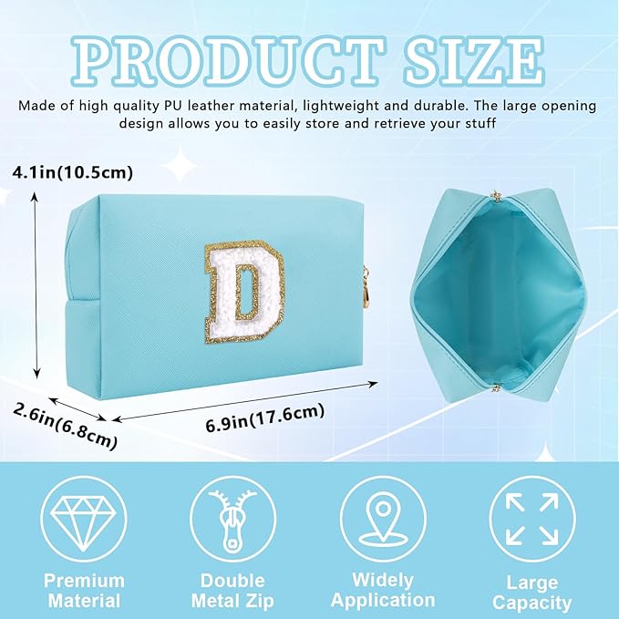 Iqimott Personalized Initial Letter Patch Makeup Bag Preppy Portable Chenille Letter Cosmetic Bag Zipper PU Leather Waterproof Travel Toiletry Bag Monogram Make Up Pouch Women Girls(Letter D)
