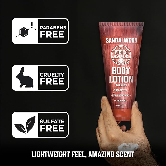 Viking Revolution Sandalwood Body Lotion for Men – Mens Lotion for Dry Skin with Shea Butter, Hyaluronic Acid and Vitamin B5 – Nourishing Mens Body Lotion for Hydrated and Smooth Skin (8oz, 2 Pack)