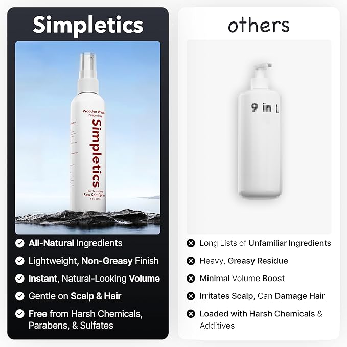Simpletics Himalayan Sea Salt Hair Spray (Sandalwood Scent) – Natural 5-Ingredient Formula for Beach Waves & Volume – Light Hold, Non-Greasy, Paraben & Sulfate Free – Unisex 8 fl oz