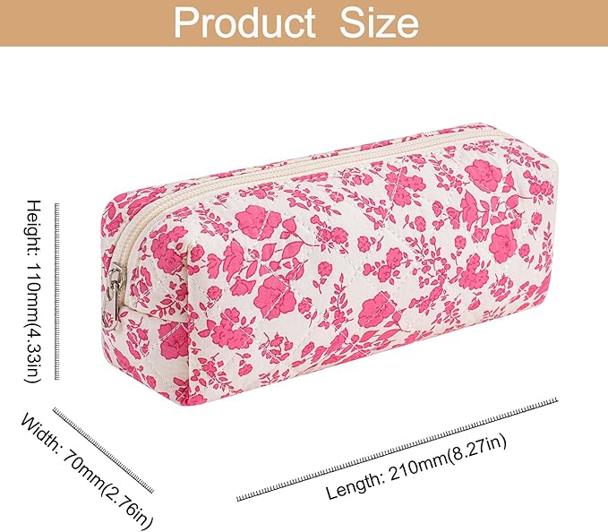 Cute Floral Cotton Makeup Brush Cosmetic Bag for Women, Travel Quilted Zipper Make Up Bag, Flowers Toiletry Organizer Case Kawaii Makeup Cosmetic Travel Cloth Pouch (Pink+Big Red Floral)
