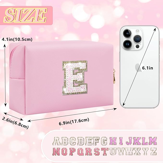 Personalized Initial Letter Makeup Bag, Preppy Glitter Letter Patch Cosmetic Pouch Zipper,PU Waterproof Travel Toiletry Bag Cute Makeup Organizer Monogrammed Make Up Bag,Gift for Women Girls(Letter E)