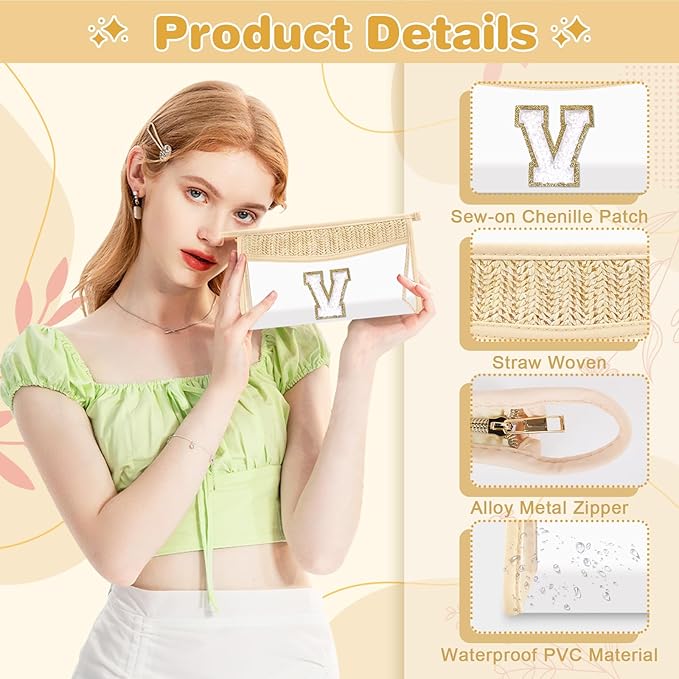 Personalized Initial Letter Bag Boho Straw Clear Makeup Bag,Small Cute Chenille Varsity Letter Pouch With Zipper,Beach Travel Toiletry,Portable Monogrammed Cosmetic Bag for Women Girls,V