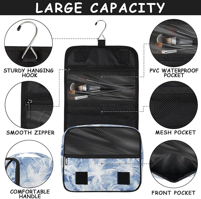 Vintage Blue Palm Hanging Travel Toiletry Kit Bag with Hook for Men and Boys, Beach Tropical Tree Makeup Case Waterproof Cosmetic Bag Storage Bag Organizer for Accessories Toiletries