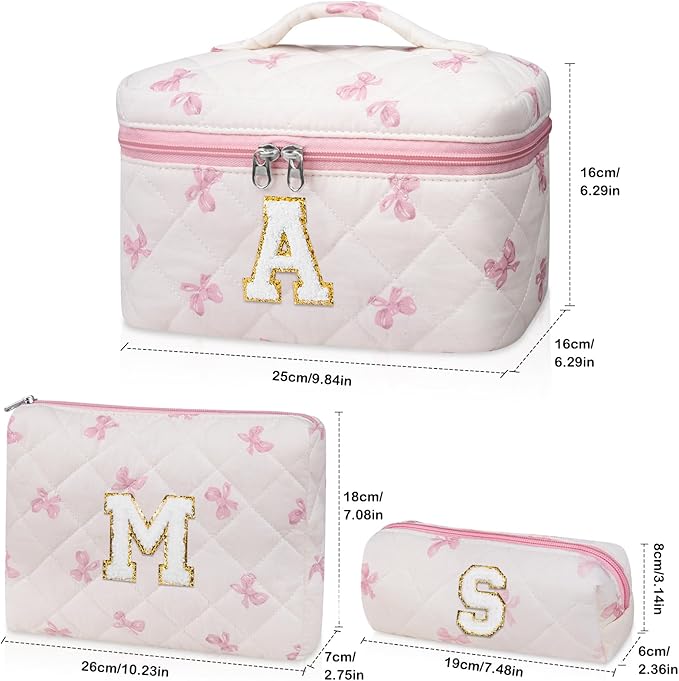 Initial Makeup Bag Set, Personalized Quilted Makeup Bag, Large Floral Cosmetic Bag for Women, Cute Cotton Custom Make up Bags, Flower Travel Toiletry Bag Teen Girl Gift Pink Butterfly A