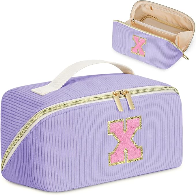 Personalized Initial Makeup Bag,Christmas Gifts for Girl,Preppy Bag Cosmetic Travel Bag Women,Travel Toiletry Organizer,Large Capacity Corduroy Stuff Bag,Cute Cosmetic Pouch Skincare Bag-X