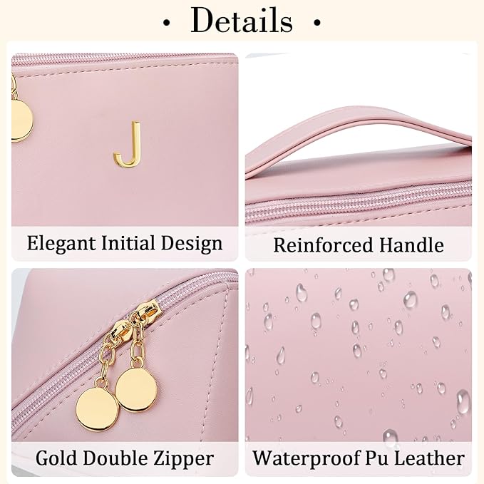 Birthday Gifts for Women Teen Girl, Personalized Initial Makeup Organizer Bag Set, Open Flat Travel Cosmetic Bag With Clear Divider and Handle(Pink,J)