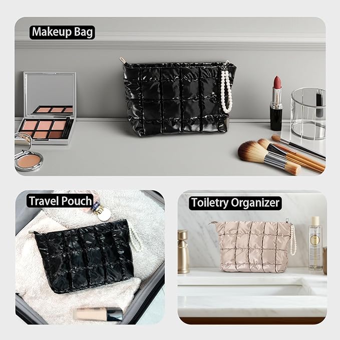 Puffer Quilted Makeup Bag Travel Cosmetic Bag Portable Puffy Checkered Toiletry Pouch Skincare Organizer Purse Pencil Case (Black)