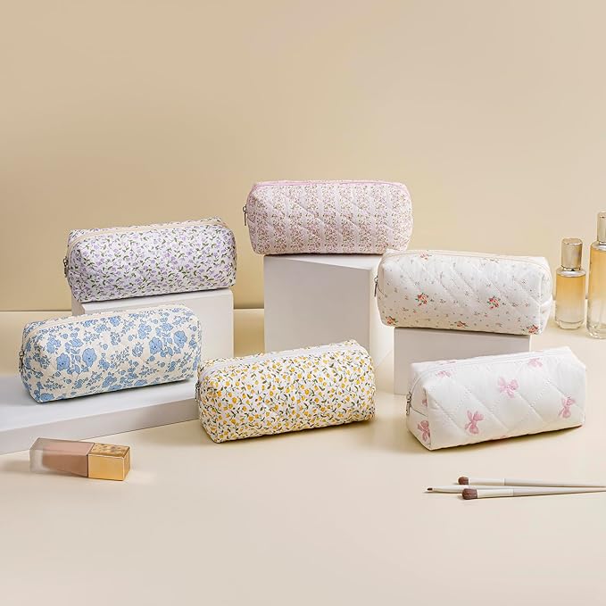 Cute Floral Cotton Makeup Brush Cosmetic Bag for Women, Travel Quilted Zipper Make Up Bag, Flowers Toiletry Organizer Case Kawaii Makeup Cosmetic Travel Cloth Pouch (Pink+Pink Bowknot)