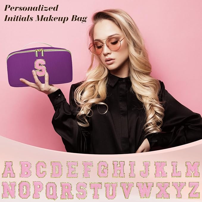 Personalized Initial Makeup Bag,Christmas Gifts for Girl,Preppy Bag Cosmetic Travel Bag Women,Travel Toiletry Organizer,Large Capacity Corduroy Stuff Bag,Cute Cosmetic Pouch Skincare Bag-D