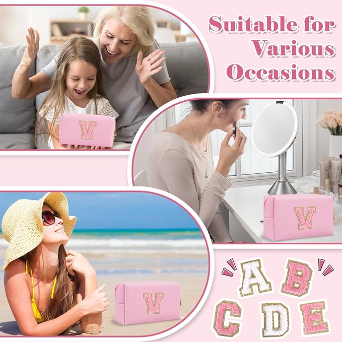Personalized Initial A-Z Preppy Patch Makeup Bag,Small PU Leather Chenille Letter Cosmetic Bag with Zipper for Teen Girls,Pink Cute Travel Toiletry Bag,Birthday Monogrammed Gift for Daughter,Letter V