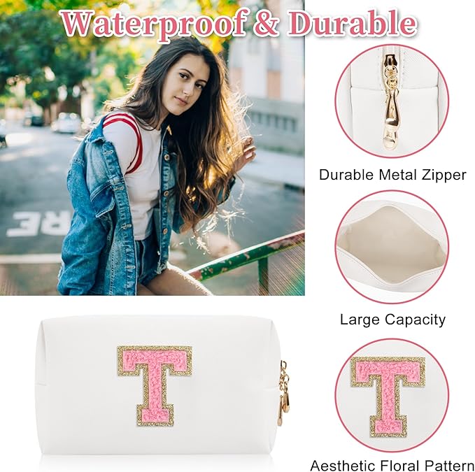 Personalized Initial Letter Patch Makeup Bag, Preppy Portable Chenille Letter Cosmetic Bag with Zipper, PU Leather Waterproof Travel Toiletry Bag Monogram Make Up Pouch for Women Girls(Letter T)