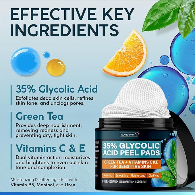 NUVADERMIS 35% Glycolic Acid Peel Pads – Exfoliating Facial Resurfacing for Blackheads, Dark Spots, and Acne – Safe for Sensitive Skin – 60 Double-Sided Pads - 2 Pack