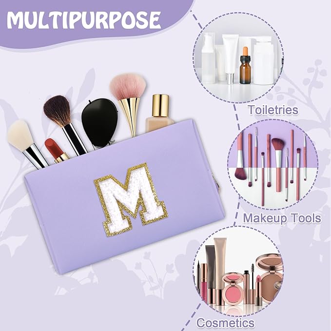 Small Travel Initial Preppy Makeup Bag, Personalized Cute Purple Chenille Letter Cosmetic Organizer Travel Toiltery Zipper Pouch, Waterproof PU Make Up Case Storage Mothers Day Gifts for Mom(Letter M)