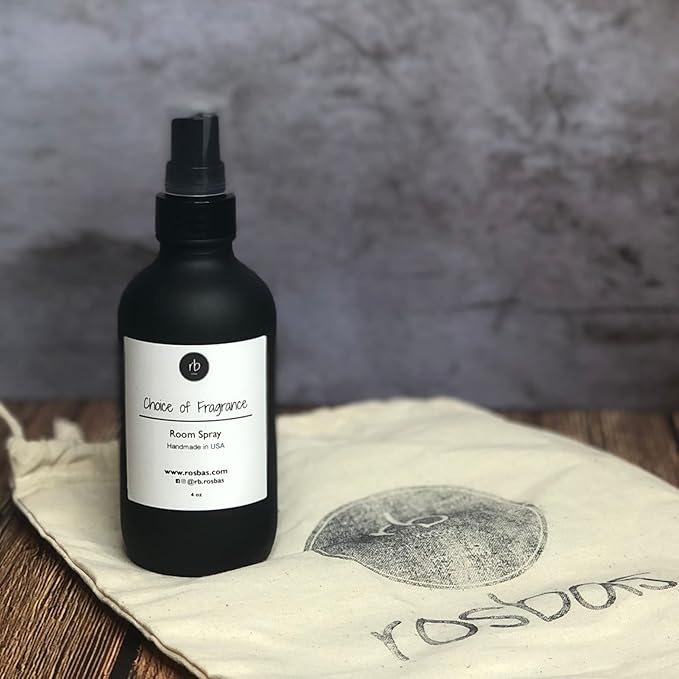 Rosbas Room Spray, Black Raspberry Vanilla Scented, Black Glass Bottle, 4 oz, Drawstring Cotton Bag, Long Lasting Scented Air Freshener, Non-Aerosol, Handmade in USA