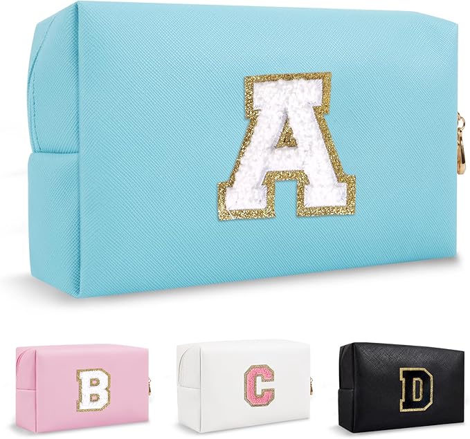 Personalized Initial Preppy Patch Makeup Bag, Small Blue Cute Cosmetic Pouch Makeup Organizer Travel Toiletry Zipper Pouch, Monogram Waterproof PU Chenille Letter Storage Bag Gift for Women(Letter A)
