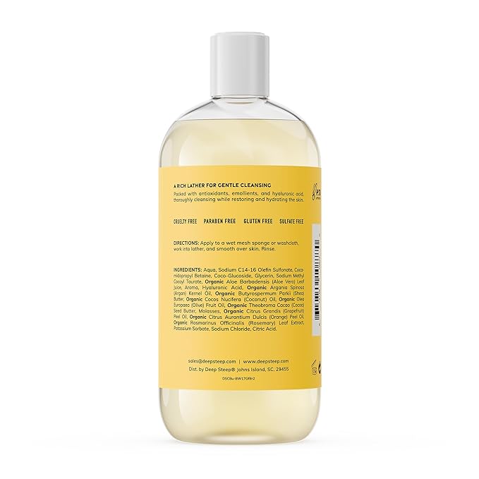 Deep Steep Body Wash, Grapefruit Bergamot, 17 oz – Hydrating Shower Gel with Hyaluronic Acid, Shea Butter, Aloe Vera & Argan Oil – Vegan, Clean Beauty, Clean & Refreshed Skin