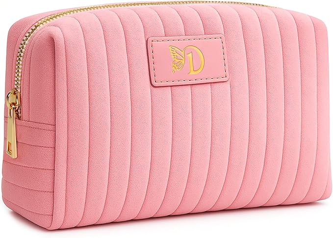 Monogrammed Make Up Bags for Women,Personalized Cosmetic Bags Women,Small Quilted Makeup Pouch,Cute Makeup Bag Travel,Birthday Gifts for Teen Girl (Pink D)