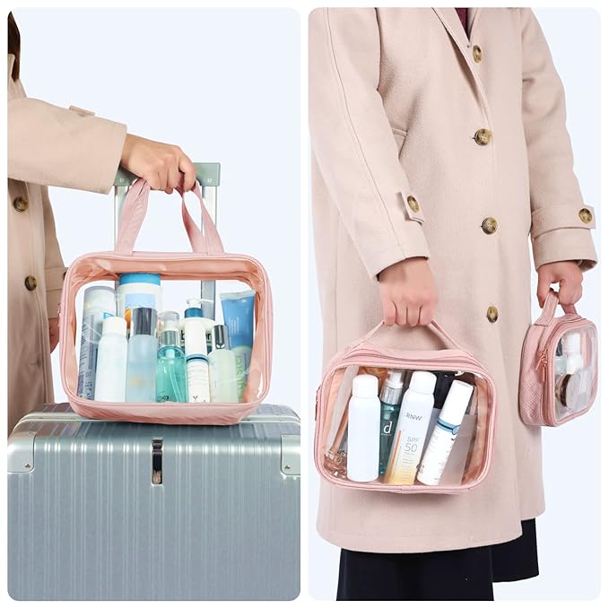 PACKISM Clear Toiletry Bags, 3 Pack Clear Makeup Bags with Handle Large Opening, Waterproof Cosmetic Bags Fit Carry-on Travel Essentials, Travel Bags, Pink