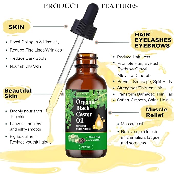 Organic Black Castor Oil,100% Pure Natural ,Cold Pressed, Glass Bottles, Hair,Eyebrow Care, Skin Care, Castor Oil for Body & Carrier Oil