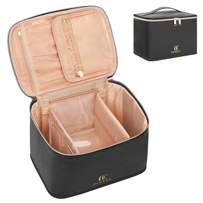 OCHEAL Travel Makeup Bag, Cosmetic Bags for Women Makeup Case Organizer Large Capacity Travel Toiletry Bag Storage Bags with Divider and Handle for Cosmetics Toiletries Brushes Tools-Large, Black