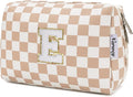 Narwey Birthday Gifts for Women Teen Girls Kids Personalized Initial Checkered Makeup Bag Cute Cosmetic Bag Trendy Stuff 6 8 10 11 12 13 14 16 18 Years Old Travel Toiletry Bag (Brown Letter E)