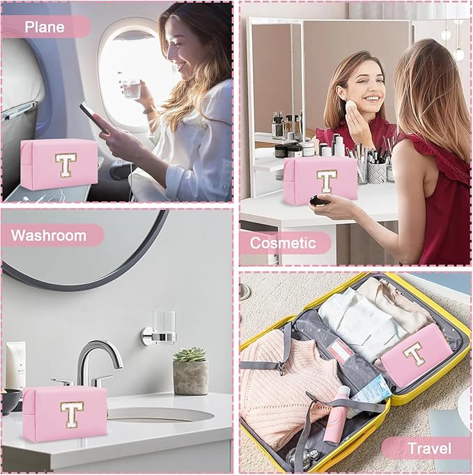 Personalized Small Travel Preppy Makeup Bag, Chenille Letter Pink Cute Makeup Bag Initial Cosmetic Pouch Toiletry Organizer, PU Leather Waterproof Makeup Storage Teacher Appreciation Gifts(Letter T)