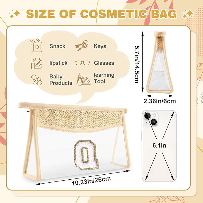 Personalized Initial Letter Bag Boho Straw Clear Makeup Bag,Small Cute Chenille Varsity Letter Pouch With Zipper,Beach Travel Toiletry,Portable Monogrammed Cosmetic Bag for Women Girls,Q