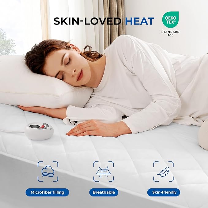 Heated Mattress Pad King Size Quilted Zone Heating Electric Bed Warmer Luxury Comfort Heat Mattress Pad Cover Dual Controller（10 Heat Setting | 1-12 Hours Auto Shut Off | with 8-21 Inch Deep Pocket）