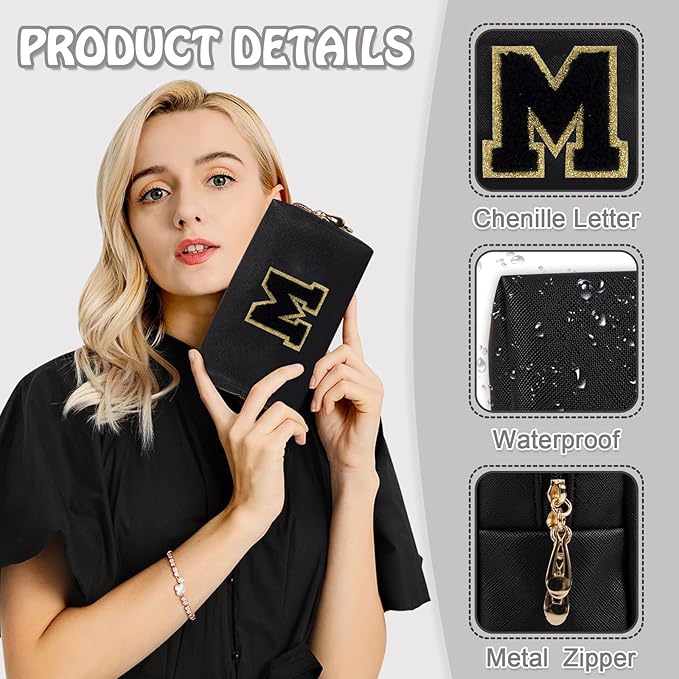 Small Travel Initial Preppy Makeup Bag, Personalized Black Cute Cosmetic Zipper Pouch Chenille Letter Travel Toiltery Bag, Waterproof PU Leather Makeup Case Storage Gift for Mom Women Female(Letter M)