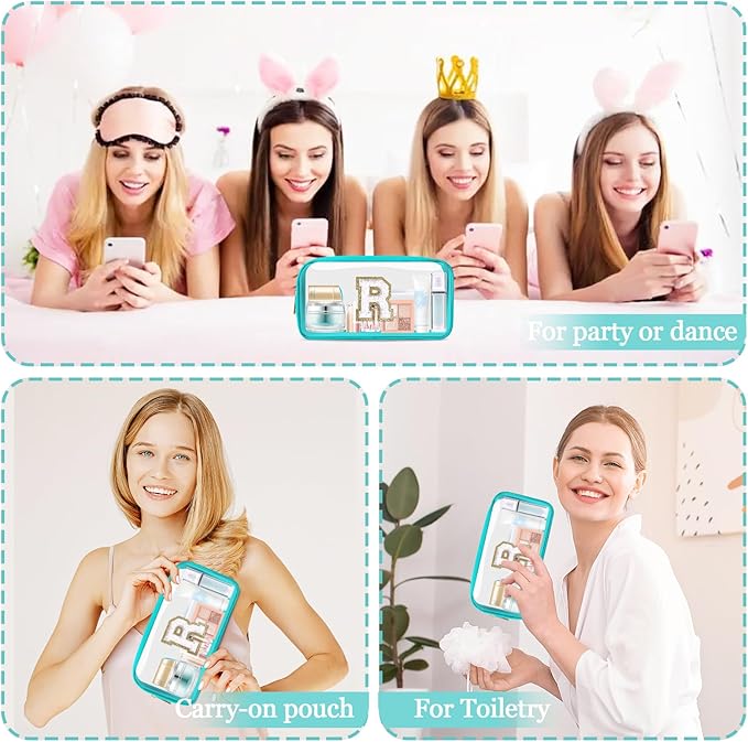 Small Clear Personalized Initial Makeup Bag,Nylon Preppy A-Z Chenille Letter Patch Cosmetic Pouch Beach Toiletry Bag,Waterproof Zipper Travel Purse Storage Bag Organizer for Women Girls(Cyan-White R)