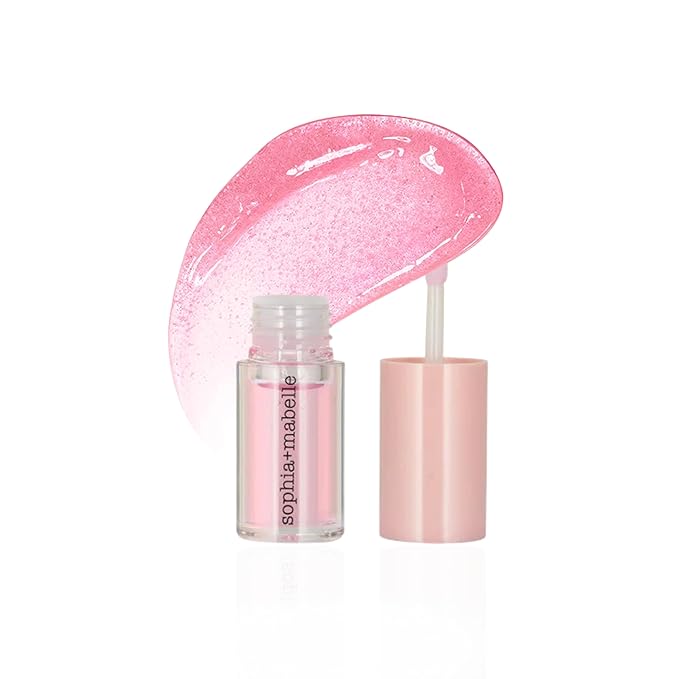 Sophia + Mabelle Hydrating Lip Oil – Lightweight, Non-Sticky & High-Shine Lip Gloss Oil – Moisturizing, Nourishing, Soothing Tinted Formula for Soft Lips – 3.7g (Juice Bar (Pinky Clear), 3.7g)
