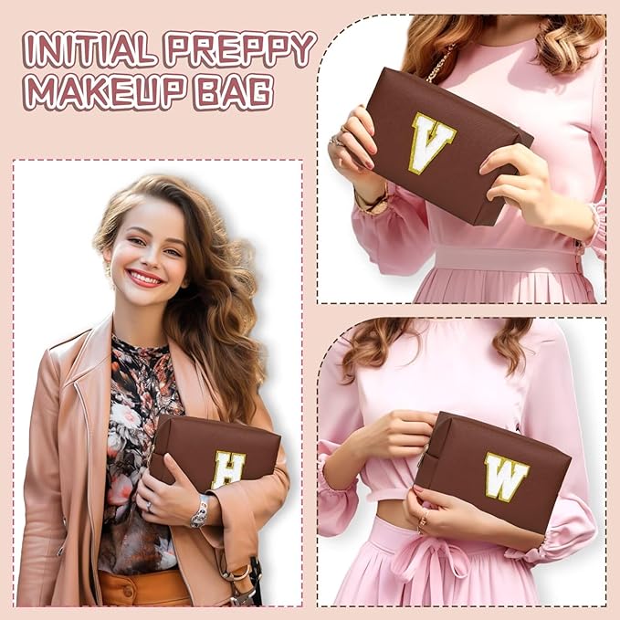 TOPEAST Preppy Patch Makeup Bag, Chenille Letter Pouch Cosmetic Bag, PU Leather Waterproof Toiletry Bag, Personalized Birthday Gift for Women Girl, Cute Stuff for Girls (Brown B)