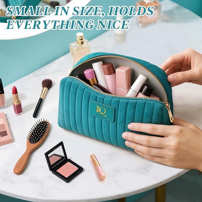 Monogrammed Make Up Bags for Women,Personalized Cosmetic Bags Women,Small Quilted Makeup Pouch,Cute Makeup Bag Travel,Birthday Gifts for Teen Girl (Blue Q)
