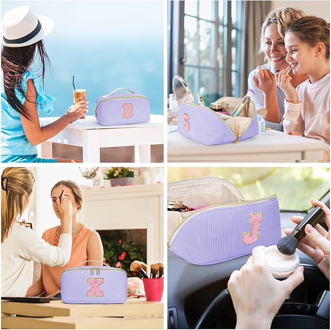 Personalized Initial Makeup Bag,Christmas Gifts for Girl,Preppy Bag Cosmetic Travel Bag Women,Travel Toiletry Organizer,Large Capacity Corduroy Stuff Bag,Cute Cosmetic Pouch Skincare Bag-X