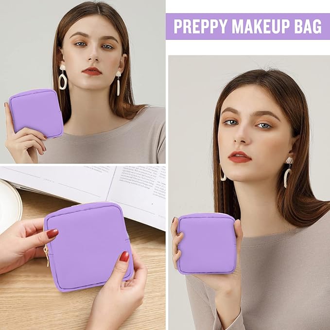 Nylon Mini Makeup Bag for Purse, Preppy Small Cute Makeup Bag Cosmetic Zipper Pouch Purse, Waterproof Travel Coin Pouch Sanitary Napkin Storage Bag Clutch Makeup Organizer for Women Men Girls(Purple)