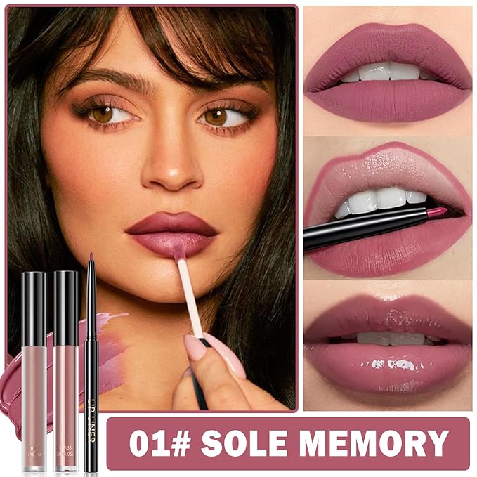 3 in 1 Lip Liner and Lipstick Combo Lip Gloss Kit for Women Moisturizing Velvet Lip Kit Long-lasting Smudge Proof Daily Professional Lip Makeup (01# Sole Memory)