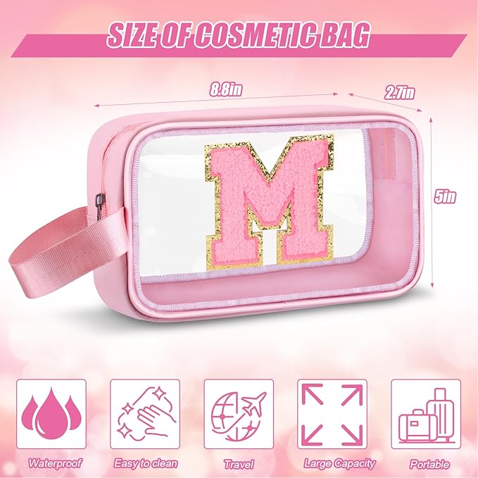 Initial Makeup Bag,Letter M Cute Clear Monogrammed Cosmetic Travel Bag for Womens Girls,Personalized Pink Aesthetic Traveling Make Up Organizer Bag for Beach,Waterproof Toiletry Bag