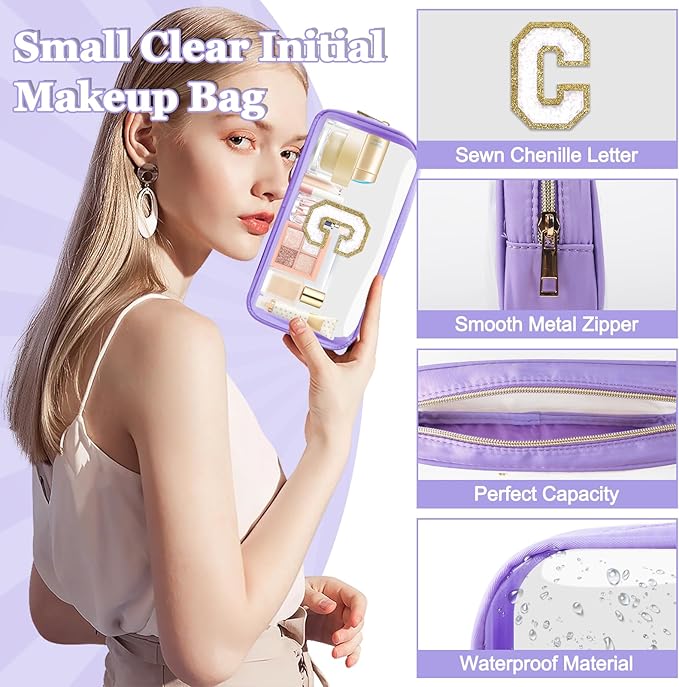 Small Clear Personalized Initial Makeup Bag,Nylon Preppy A-Z Chenille Letter Patch Cosmetic Pouch Beach Toiletry Bag,Waterproof Zip Travel Purse Storage Bag Organizer for Women Girls(Purple-White C)