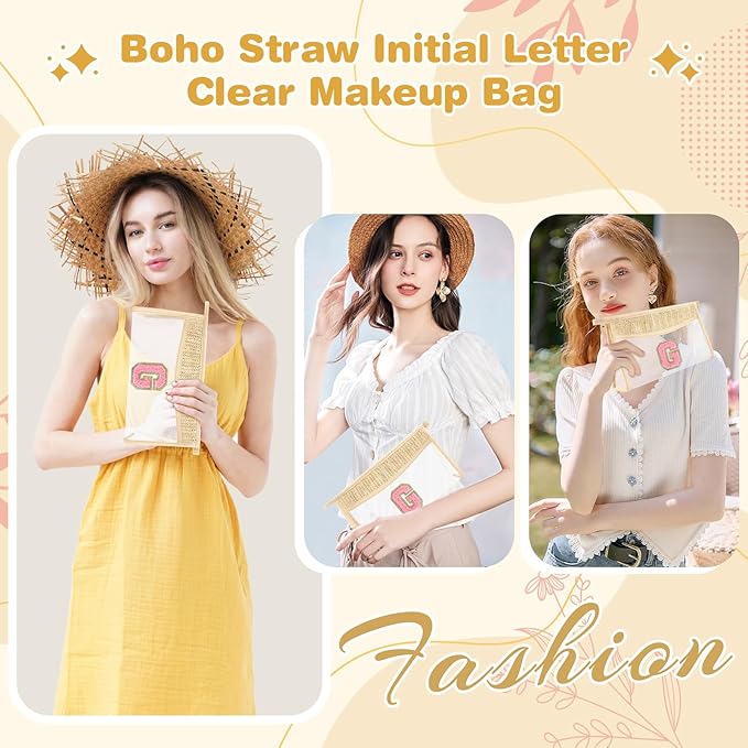 Small Boho Straw Initial Letter Makeup Bag Personalized Gift ,Cute Clear Chenille Patch Makeup Bag With Zipper,Trendy TSA Approved Travel Toiletry Bag,Gift for Women Girls Birthday Friend, Letter G