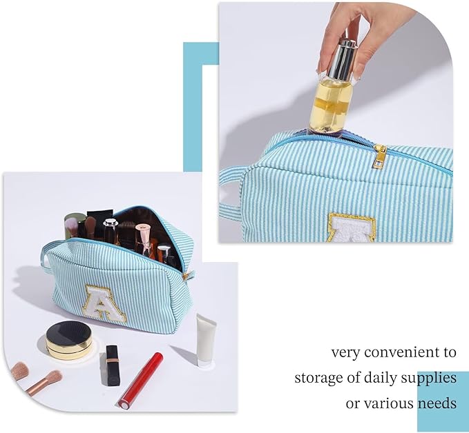 YOOLIFE Makeup Bag - Initial Makeup Bag Cosmetic Bag, Monogram Makeup Bags, Travel Cosmetic Bag, Make Up Bag, Travel Cute Makeup Pouch Makeup Case, Personalized Blue Makeup Bags for Women Her K