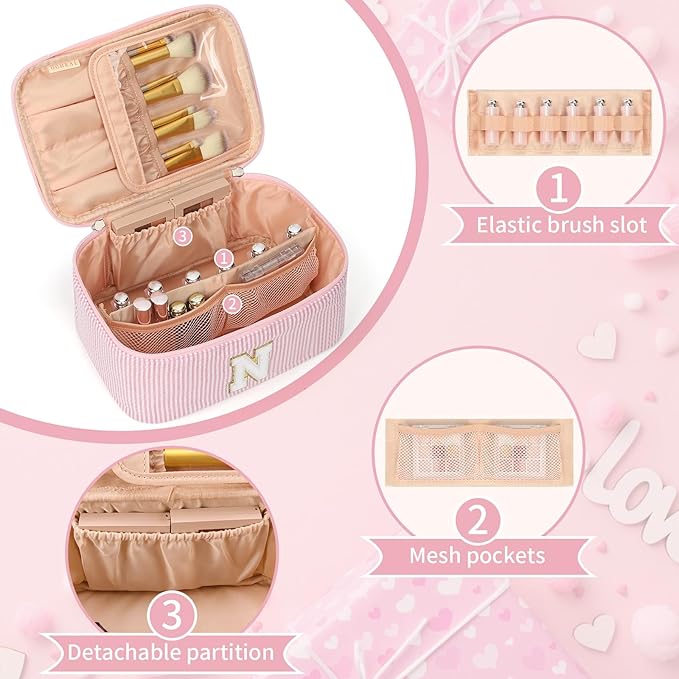OCHEAL Makeup Bag for Women, Monogram Cosmetic Bag with Brush Holder, Pink Travel Makeup Case Beauty Toiletry Bag Organizer Personalized Gifts for Girls Bridesmaid, Sister, Wife, Friends Initiall N
